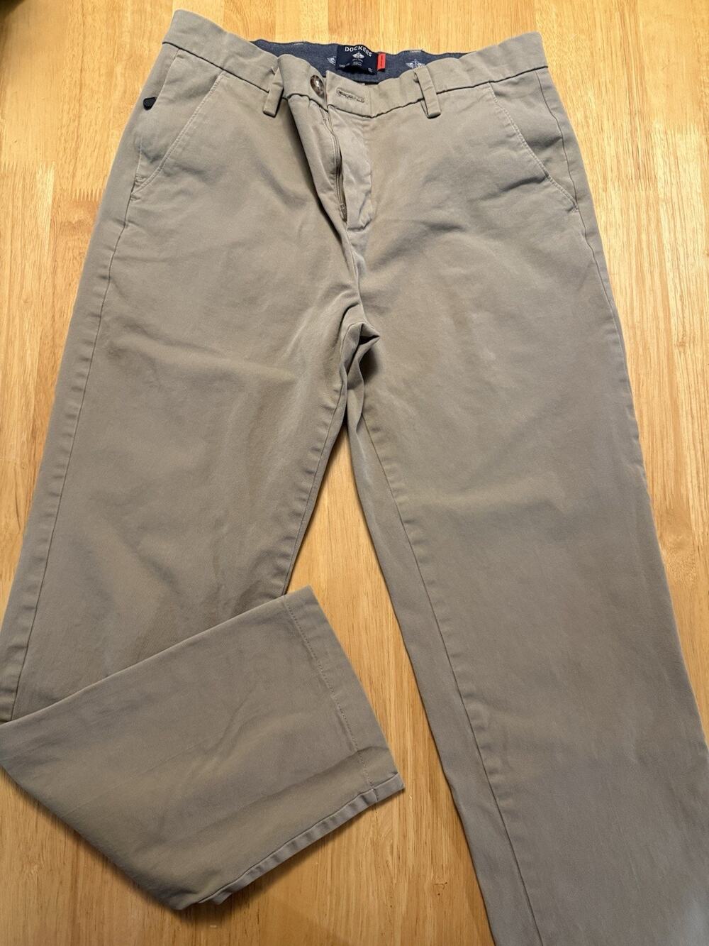 Dockers Mens 32x34 Signature Khaki Straight Fit Chino Pants Taupe Flat Front